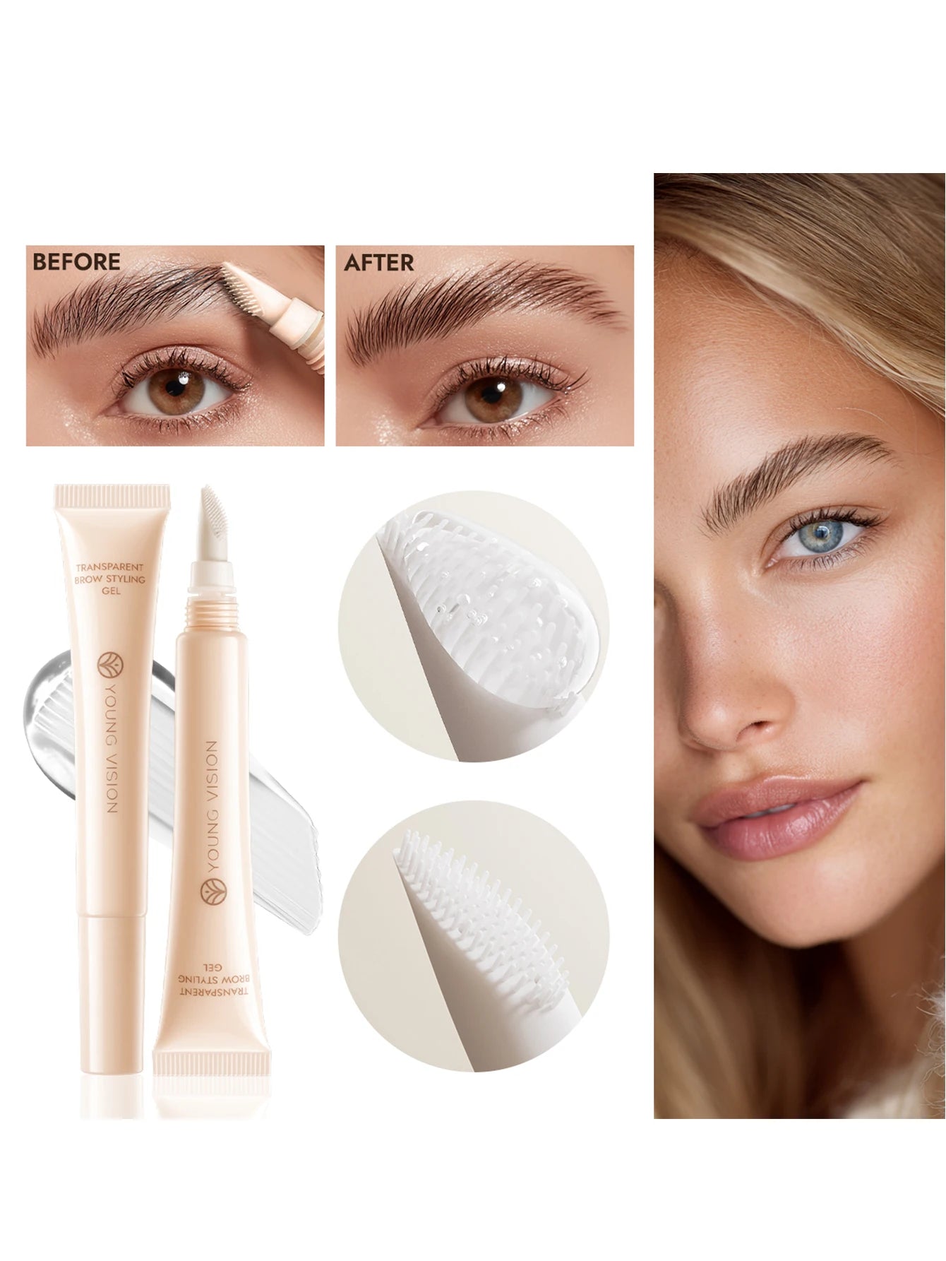 Clear Eyebrow Gel – Lightweight, non-flaky formula with micro comb applicator for even coverage, natural texture