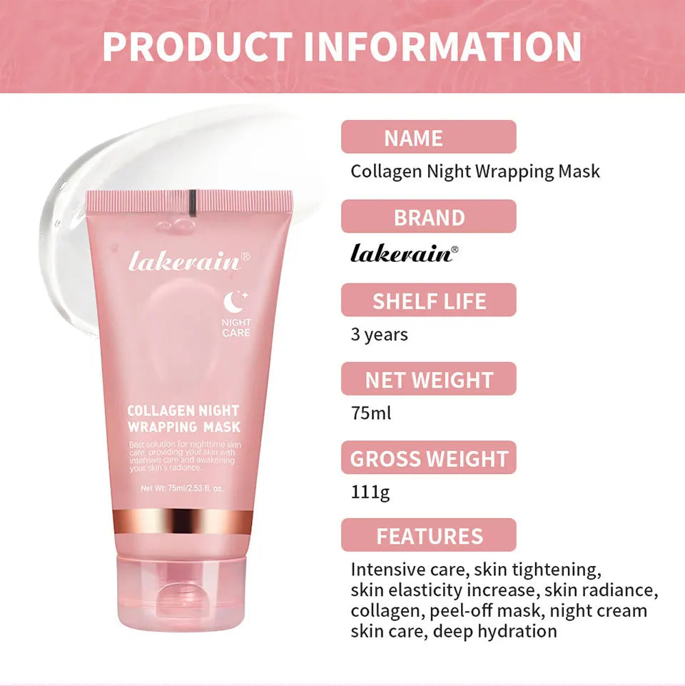 Lakerain Collagen Night Wrapping Mask Elasticity Hydration Care Reduces Sagging & Dullness Hydrolyzed Collagen For Brighter Skin